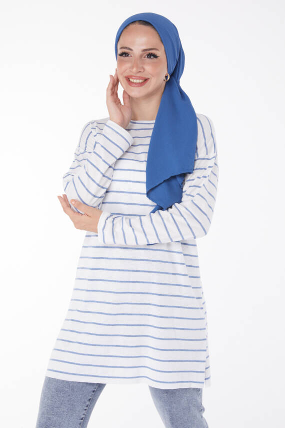 Çİzgili Yırtmaçlı Tunik Acik Mavi - 27134 - 1
