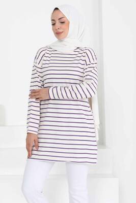 Çİzgili Yırtmaçlı Tunik Beyaz Mor - 27134 
