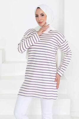 Çİzgili Yırtmaçlı Tunik Beyaz Mor - 27134 - 2