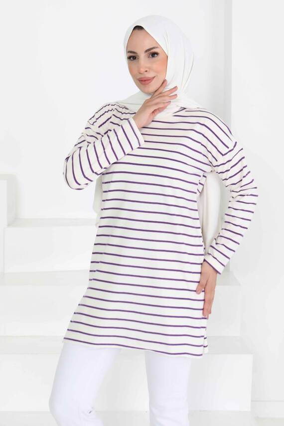 Çİzgili Yırtmaçlı Tunik Beyaz Mor - 27134 - 2
