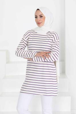 Çİzgili Yırtmaçlı Tunik Beyaz Mor - 27134 - 3