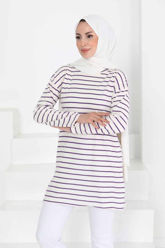 Çİzgili Yırtmaçlı Tunik Beyaz Mor - 27134 - 3