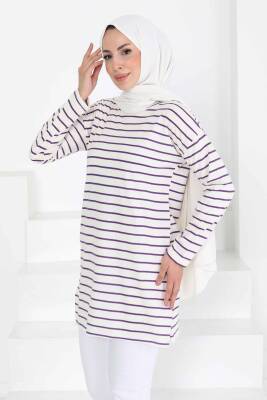 Çİzgili Yırtmaçlı Tunik Beyaz Mor - 27134 - 4