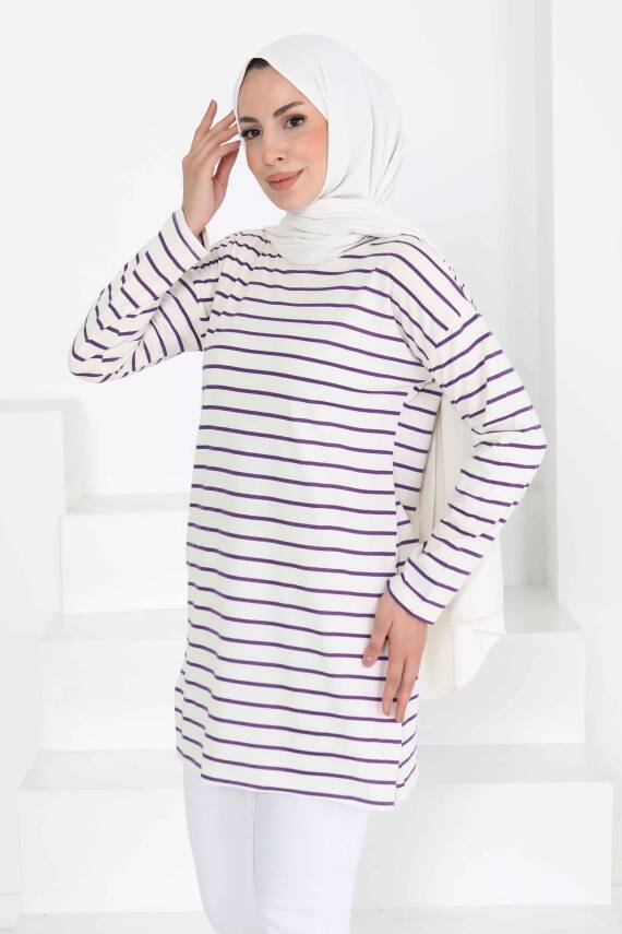 Çİzgili Yırtmaçlı Tunik Beyaz Mor - 27134 - 4