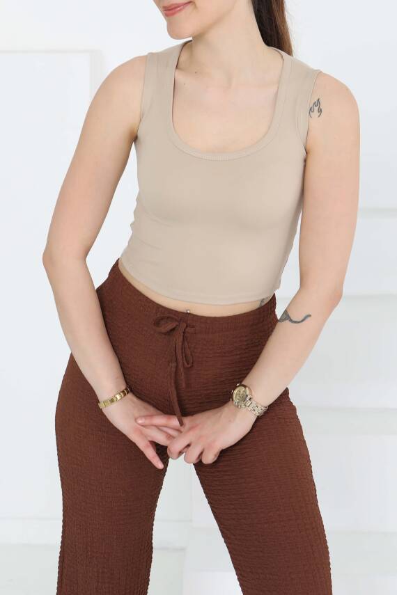Cupralı Oval Yaka Crop Atlet Bej - 27278 - 3