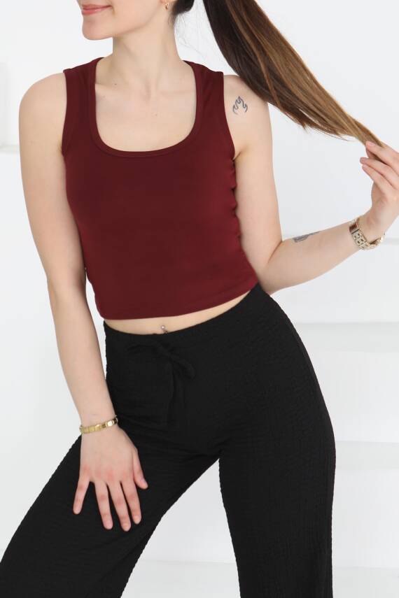 Cupralı Oval Yaka Crop Atlet Bordo - 27278 - 1