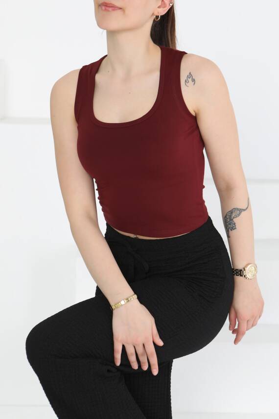 Cupralı Oval Yaka Crop Atlet Bordo - 27278 - 2