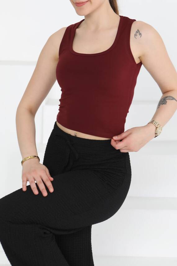 Cupralı Oval Yaka Crop Atlet Bordo - 27278 - 3