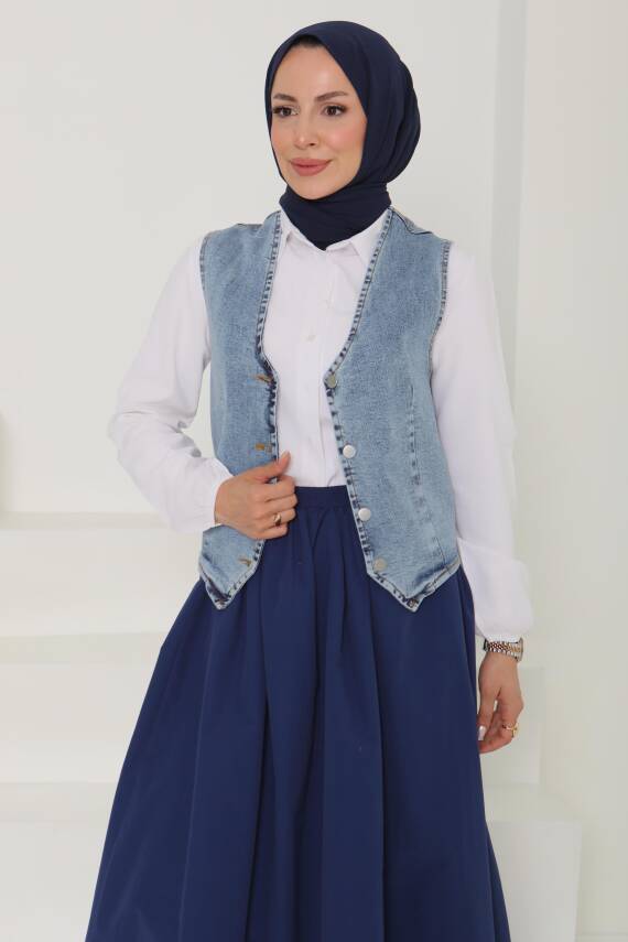 Denim Kısa Yelek Acik Mavi - 27099 - 6