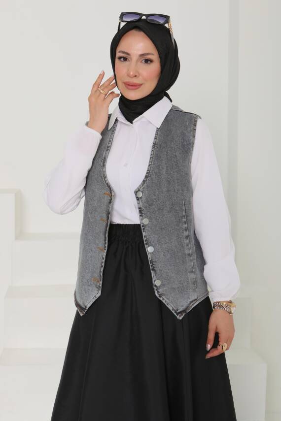 Denim Kısa Yelek Antrasit - 27099 - 3