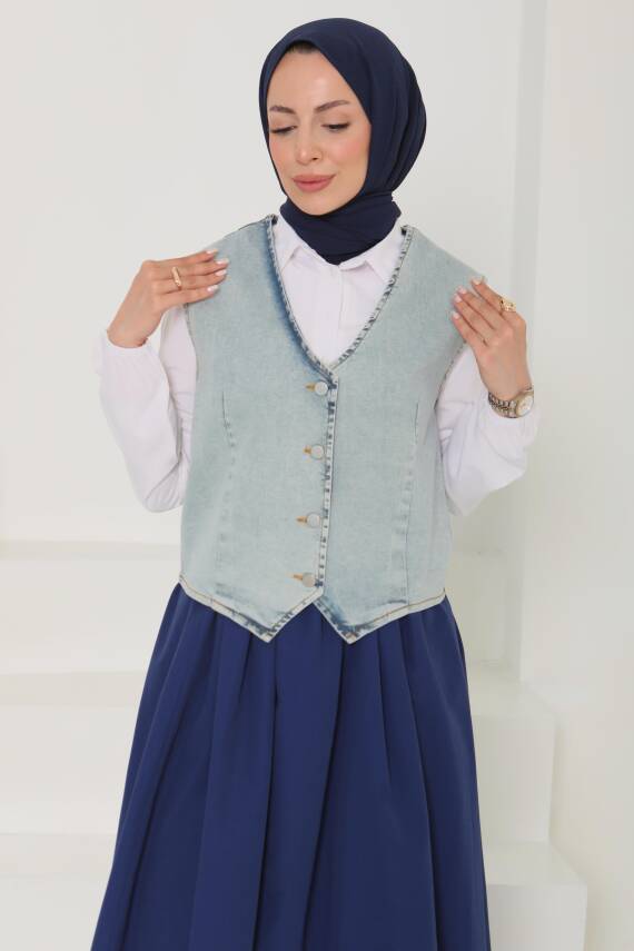 Denim Kısa Yelek Mavi-tint - 27099 - 4