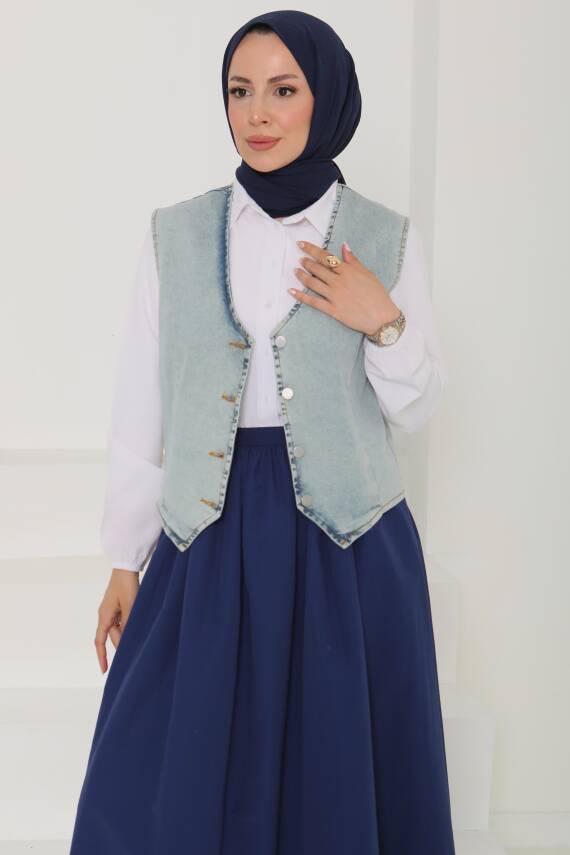 Denim Kısa Yelek Mavi-tint - 27099 - 6