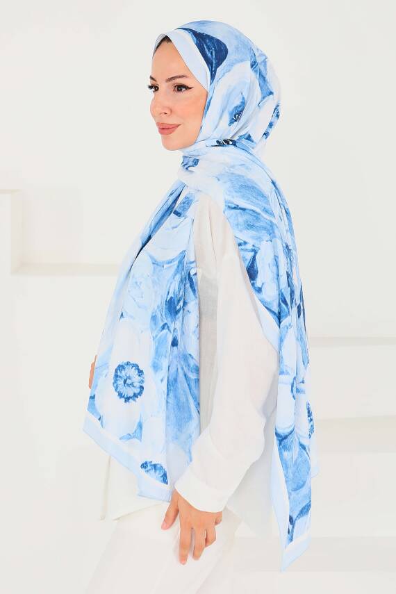 Desenli Bambu Kare Şal Bebe Mavi - 27523 - 1