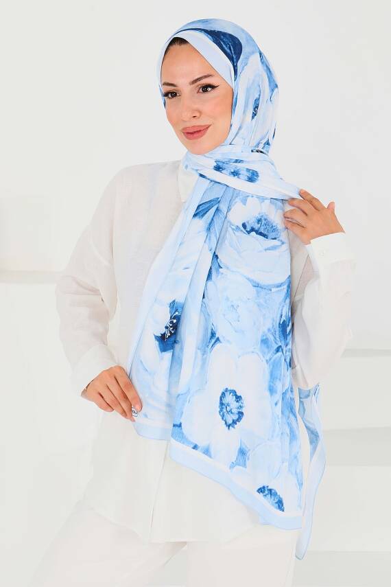 Desenli Bambu Kare Şal Bebe Mavi - 27523 - 2
