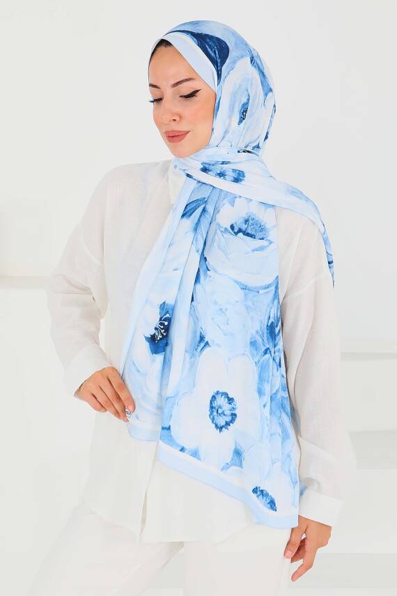 Desenli Bambu Kare Şal Bebe Mavi - 27523 - 3