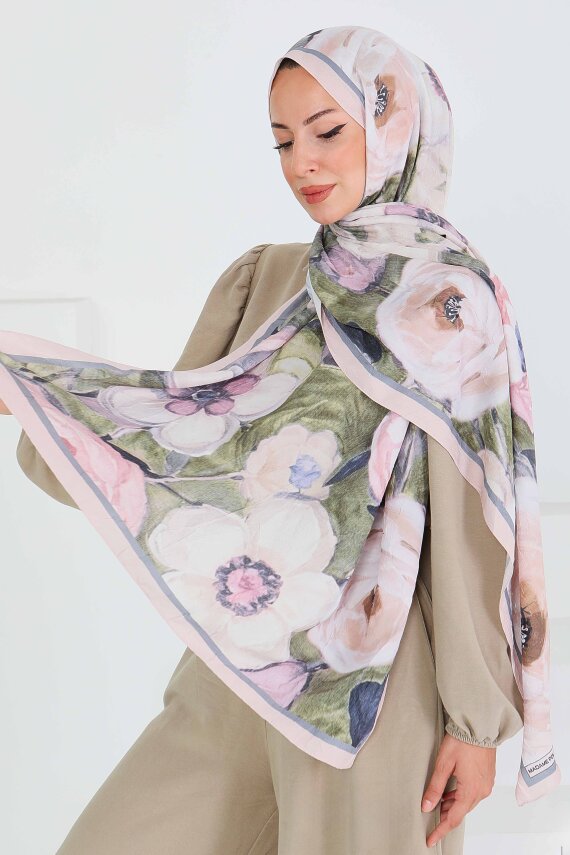 Desenli Bambu Kare Şal Bej - 27523 - 1