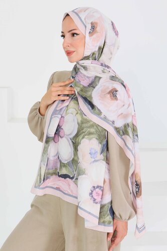 Desenli Bambu Kare Şal Bej - 27523 - 4