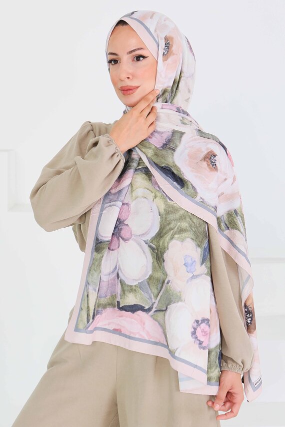 Desenli Bambu Kare Şal Bej - 27523 - 5