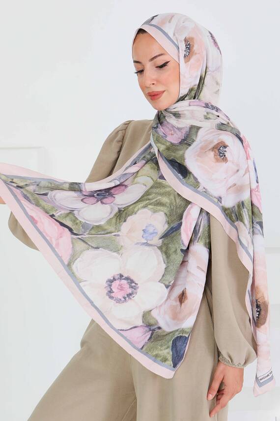 Desenli Bambu Kare Şal Bej - 27523 - 1