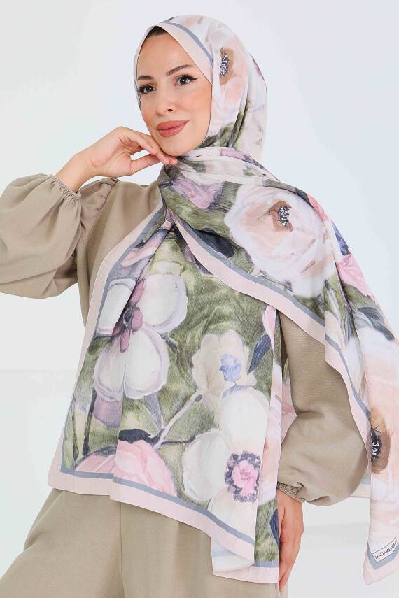 Desenli Bambu Kare Şal Bej - 27523 - 2