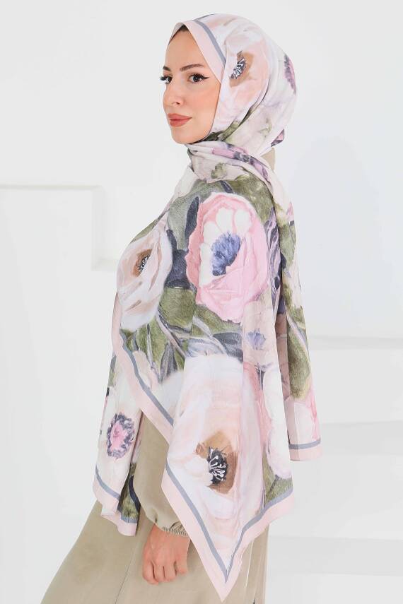 Desenli Bambu Kare Şal Bej - 27523 - 3