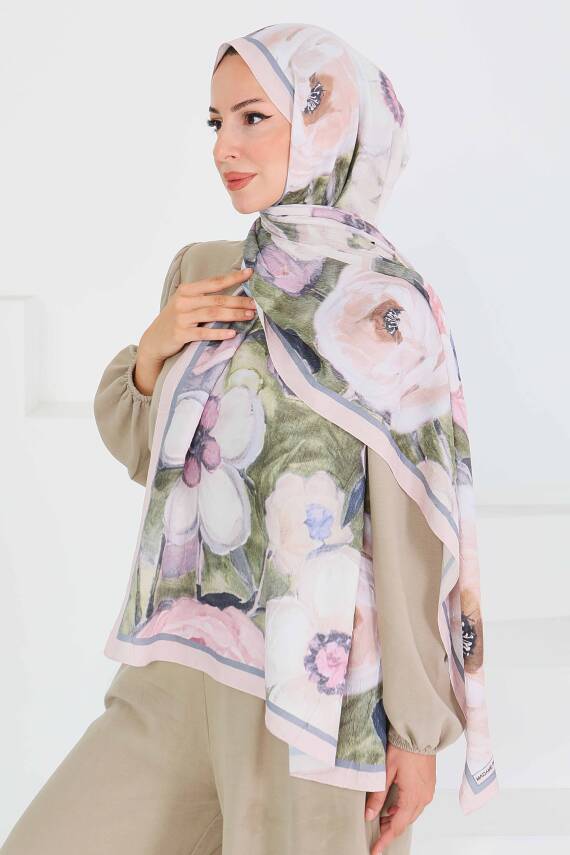 Desenli Bambu Kare Şal Bej - 27523 - 4