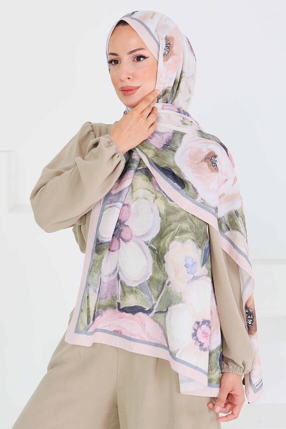 Desenli Bambu Kare Şal Bej - 27523 - 5