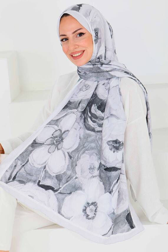 Desenli Bambu Kare Şal Gri - 27523 - 2