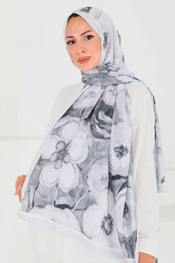 Desenli Bambu Kare Şal Gri - 27523 - 3