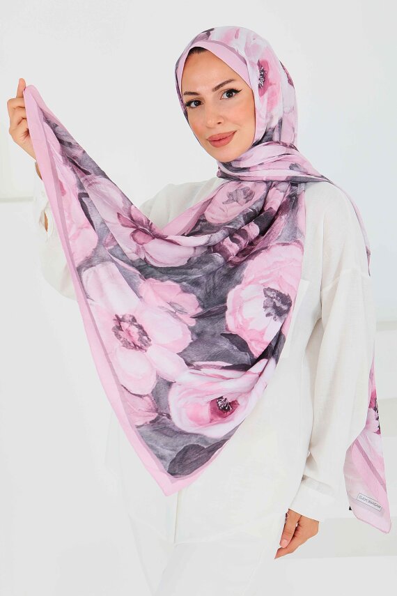 Desenli Bambu Kare Şal Gül - 27523 - 1