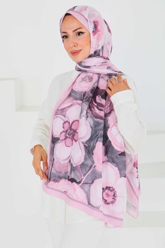 Desenli Bambu Kare Şal Gül - 27523 - 2