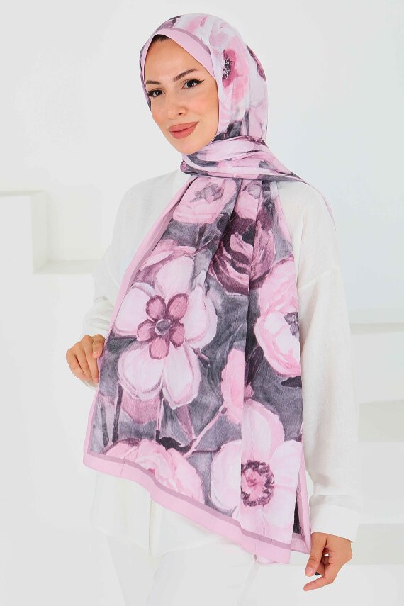 Desenli Bambu Kare Şal Gül - 27523 - 3