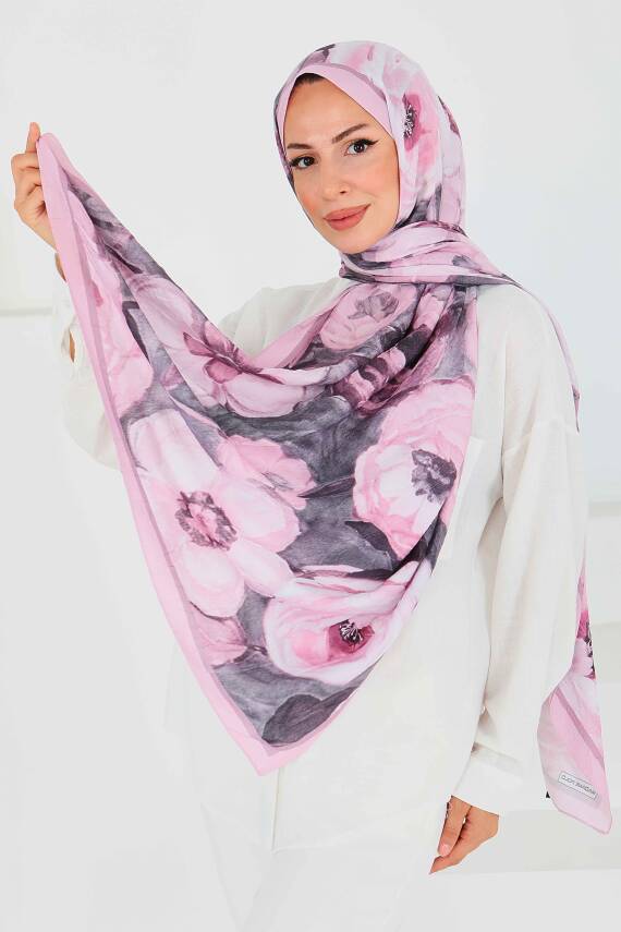Desenli Bambu Kare Şal Gül - 27523 - 1