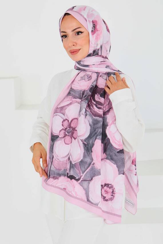 Desenli Bambu Kare Şal Gül - 27523 - 2