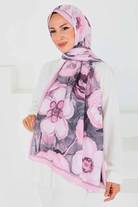 Desenli Bambu Kare Şal Gül - 27523 - 3