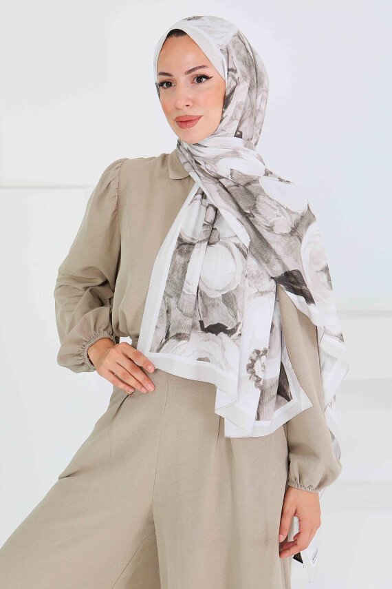 Desenli Bambu Kare Şal Haki - 27523 - 3