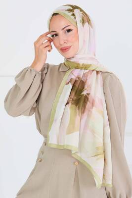 Desenli Bambu Kare Şal Haki - 27524 