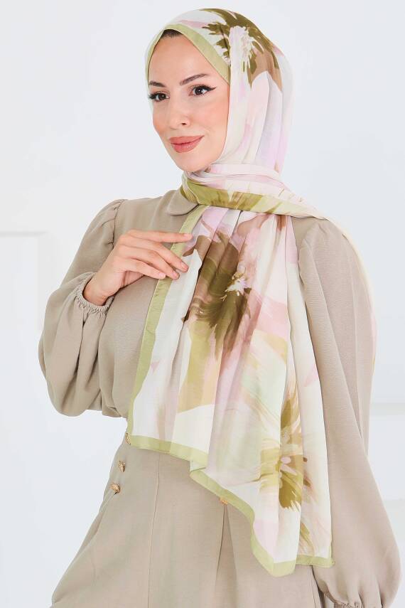 Desenli Bambu Kare Şal Haki - 27524 - 2