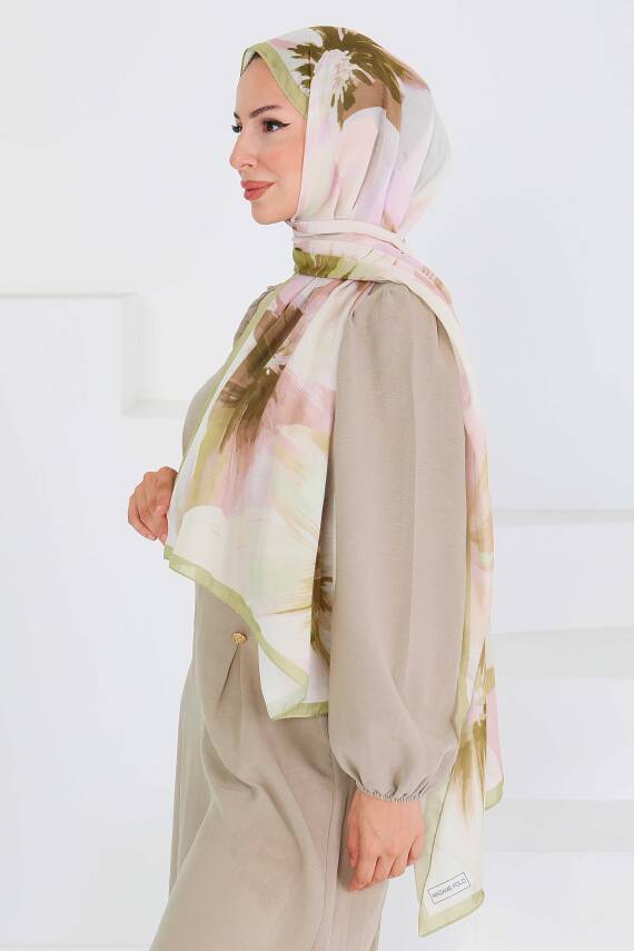 Desenli Bambu Kare Şal Haki - 27524 - 3
