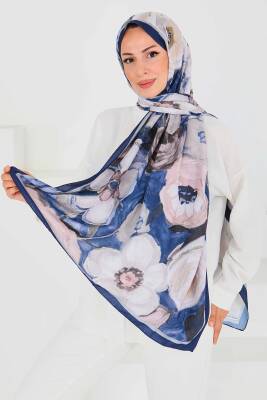 Desenli Bambu Kare Şal Lacivert - 27523 
