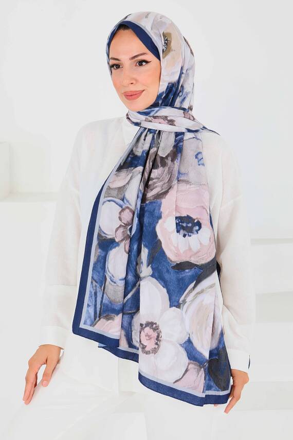 Desenli Bambu Kare Şal Lacivert - 27523 - 3
