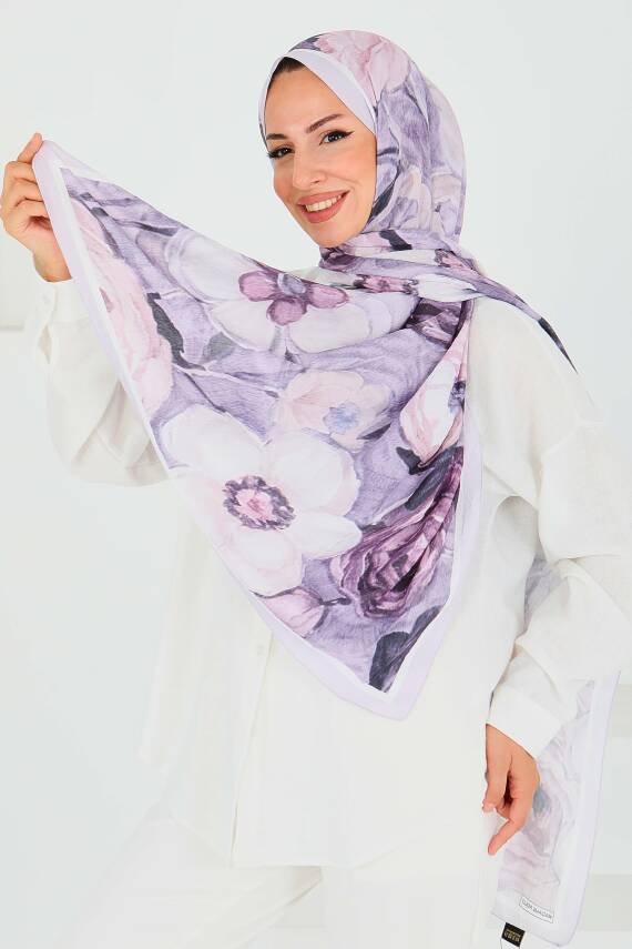 Desenli Bambu Kare Şal Lila - 27523 - 2