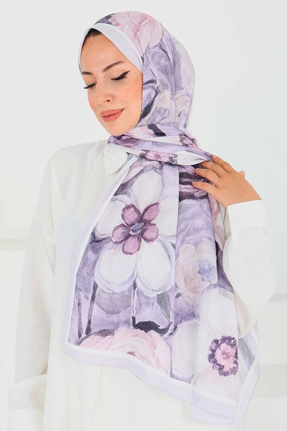 Desenli Bambu Kare Şal Lila - 27523 - 3