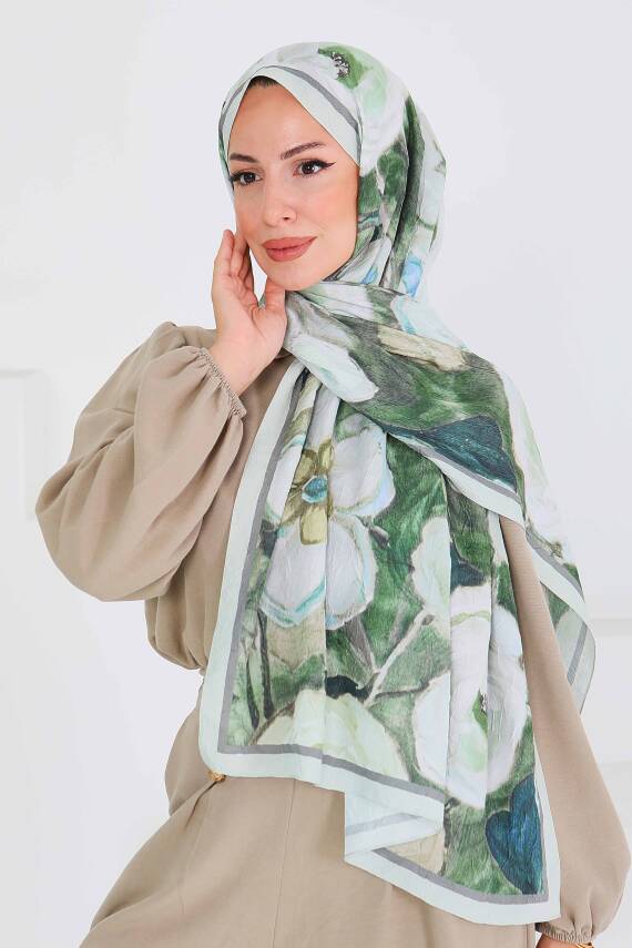 Desenli Bambu Kare Şal Mint - 27523 - 2