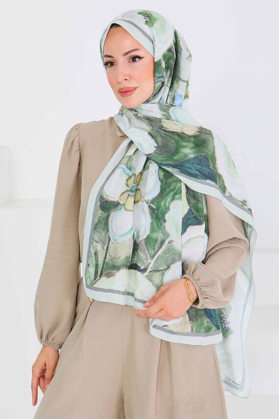 Desenli Bambu Kare Şal Mint - 27523 - 4