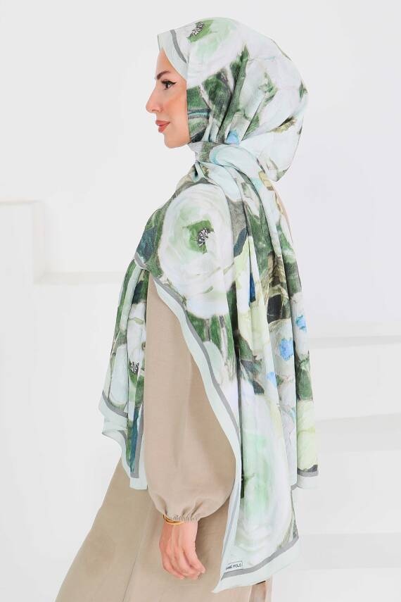 Desenli Bambu Kare Şal Mint - 27523 - 5