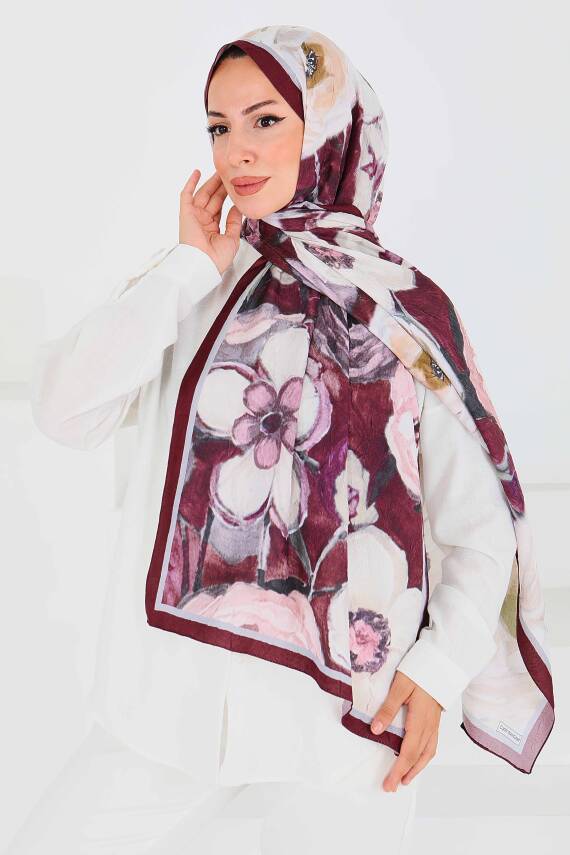 Desenli Bambu Kare Şal Mürdüm - 27523 - 1