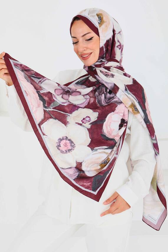 Desenli Bambu Kare Şal Mürdüm - 27523 - 2