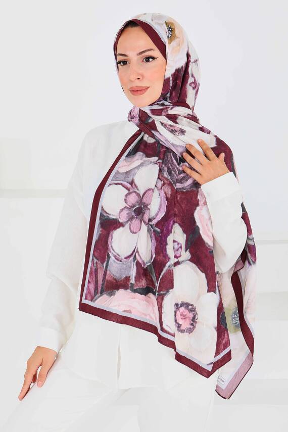 Desenli Bambu Kare Şal Mürdüm - 27523 - 4