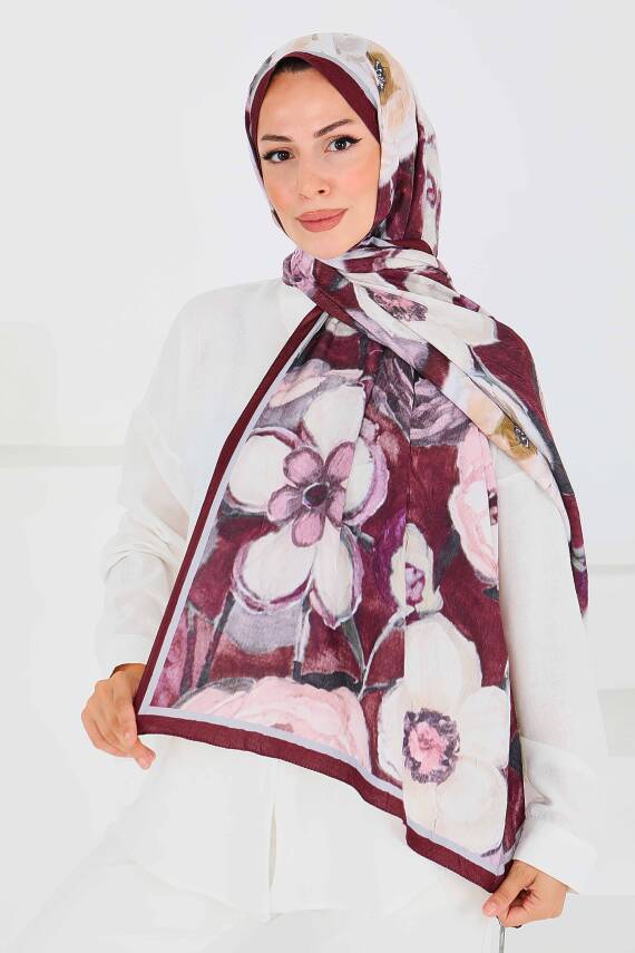 Desenli Bambu Kare Şal Mürdüm - 27523 - 5